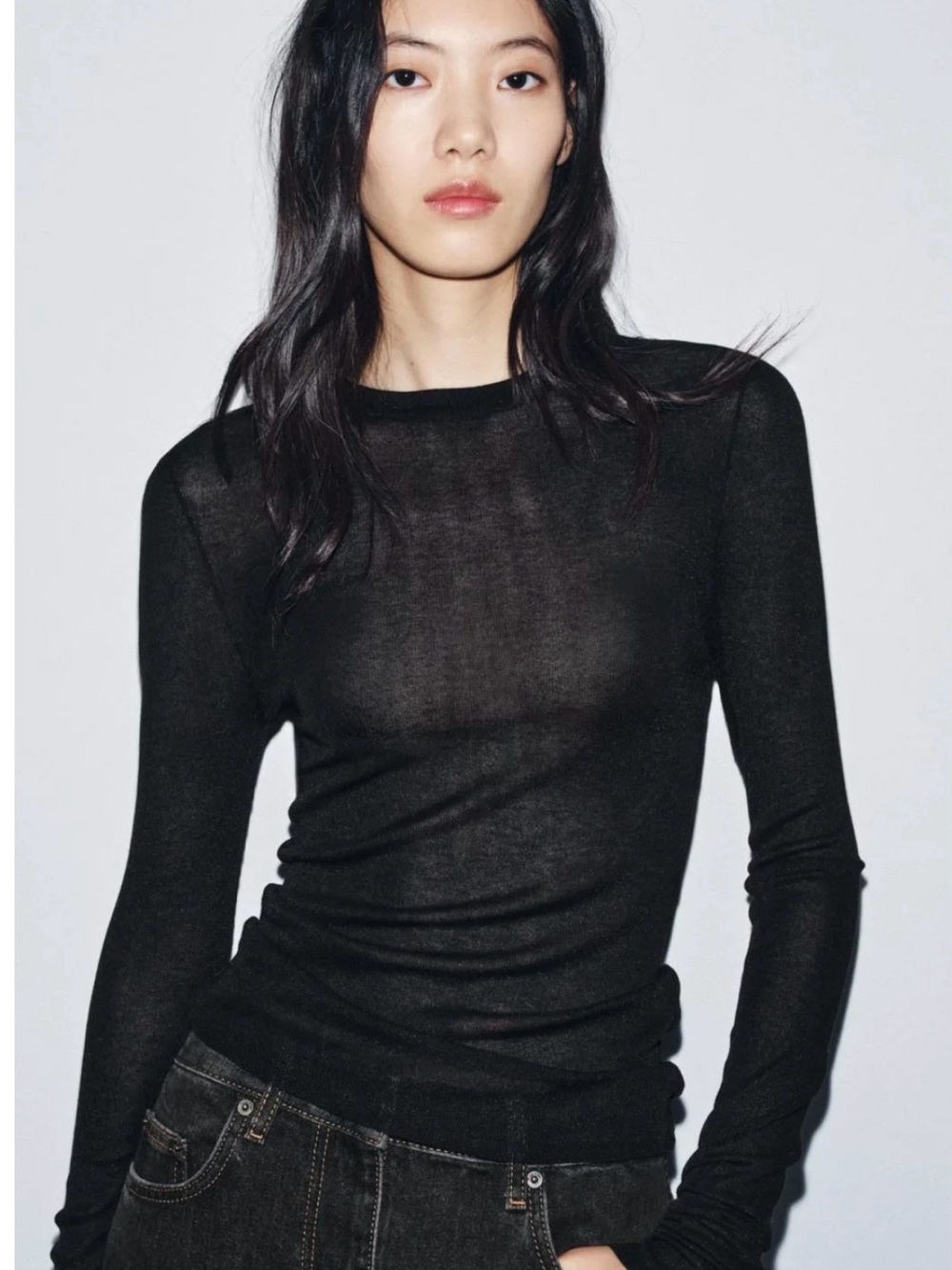 ZARA sz M Black Long-Sleeve Sheer Crewneck Top - Women